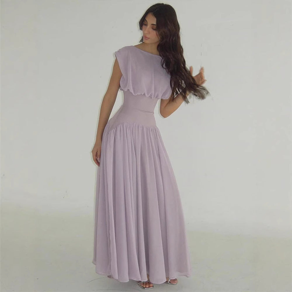 Purple Temperament Pleat And Waisted Off-neck Dress